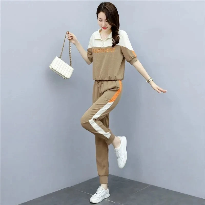 Women Stand-Up Collar T-Shirt And Sports Pant Sets Female 2022 Summer New Fashion Temperament Thin Two Piece Suit Elegant White