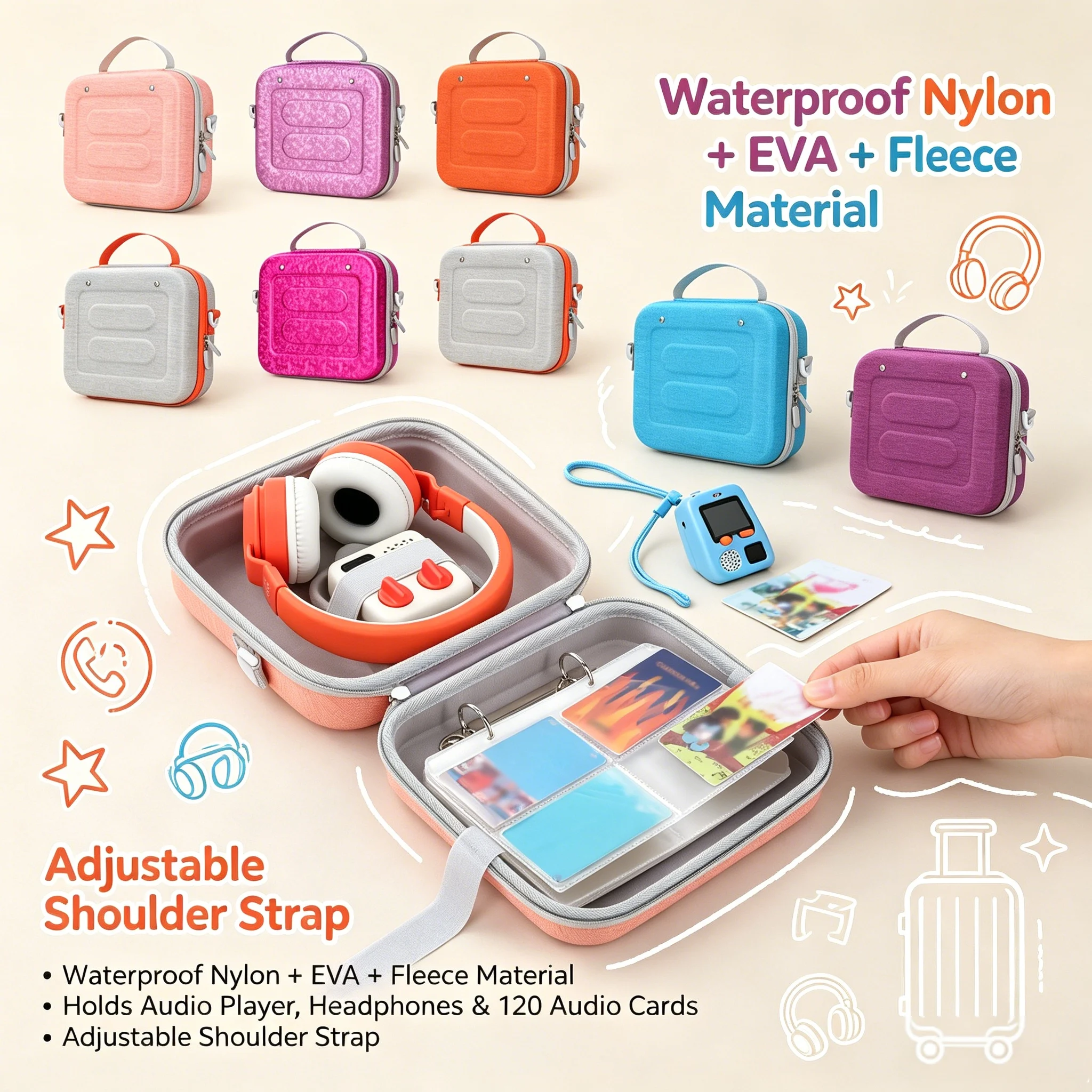 All-in-One-Organizer-Tasche für Yoto Mini, schützende Hartschale mit verstellbarem Riemen, bietet Platz für Player-Kopfhörer und 120 Audiokarten