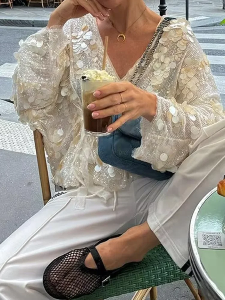 

See Through Women's Sequin Jackets Loose Long Sleeve V Neck Raw Edge Short Sexy Party Street Fashion Outerwear 2025 New