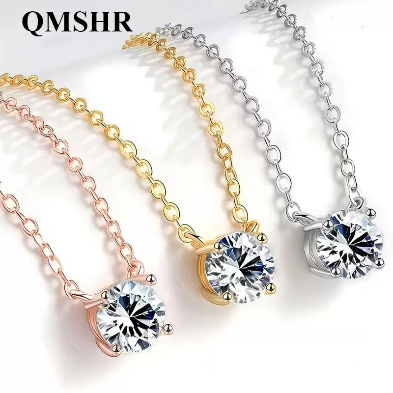 

QMSHR White Gold Plated 1-3CT Moissanite Necklace for Women Classic Four Claws Pendant Wedding Jewelry 925 Sterling Silver