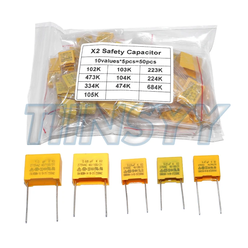 50pcs Polypropylene Film X2 Safety Capacitor Assorted Kit 275VAC 10Values Each 5pcs 1NF - 1UF