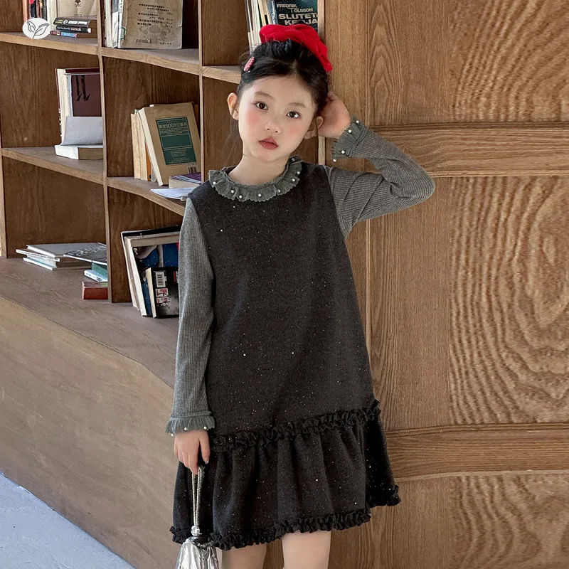 

Детский комплект платьев для девочек, осенняя детская майка с круглым вырезом для девочек-подростков, платье с рукавами для школьниц, утепленная одежда из двух предметов