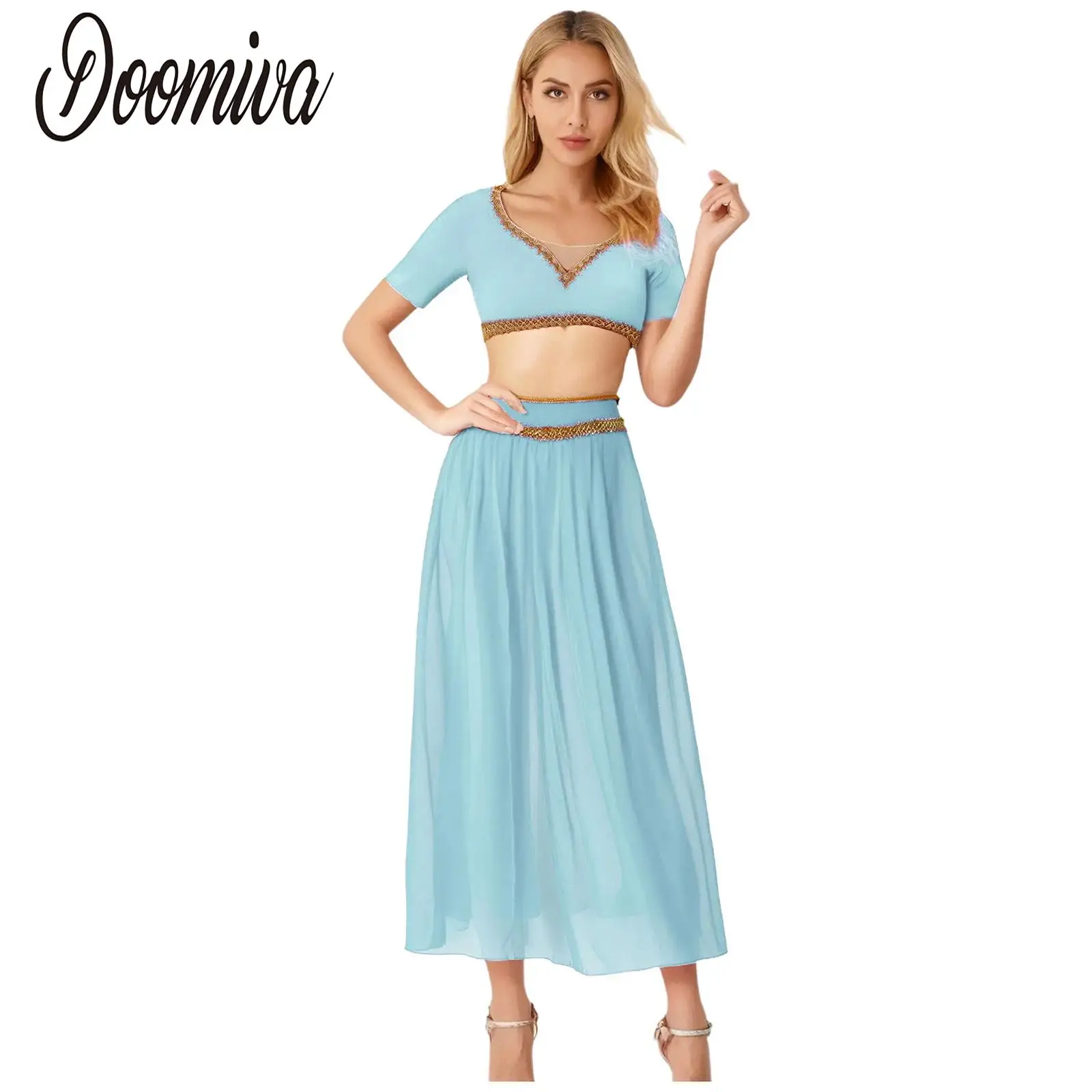 

Women Belly Dance Outfit India Dance Show Costume Short Sleeve Crop Top and Long Skirt Gold Trim Set for Arab Princess Cosplay