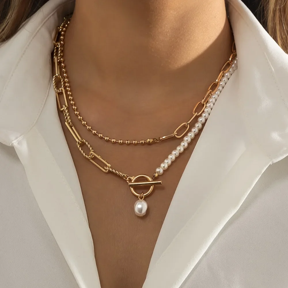 Collar de perlas de imitación de varios estilos para mujer, colgante de cristal multicapa, joyería bohemia de moda, Color dorado Vintage