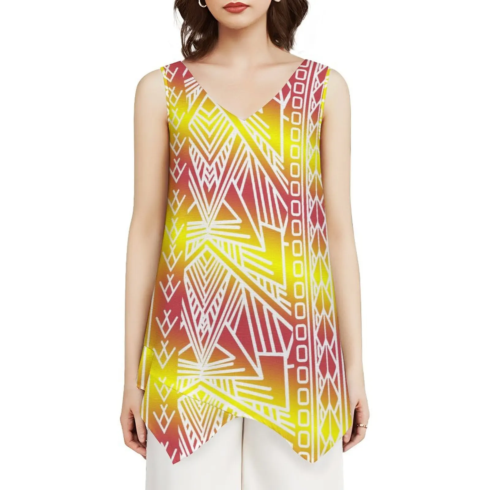 Custom Polynesian Fashion Women Wear Loose Irregular Hem Women Vest V-Neck Cuff Design Hawaii Island Women Clothing