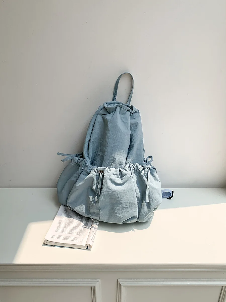 Korean Bowknot Drawstring Ruched Nylon Women Backpack Niche Design Summer Beach Travel Girl Backpack School Backpacks for Women