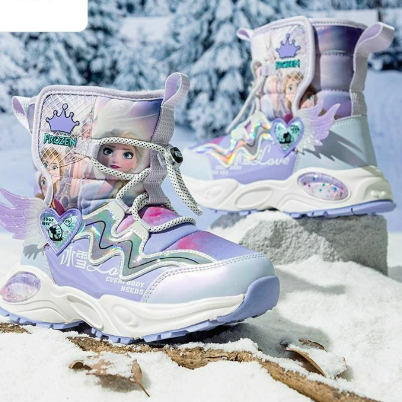 Disney Girl Lisa Princess Frozen Snow Boots Cold Warm Winter Children\'s Leather Fur Integrated Cotton Shoes Ankle Boots Size 27-