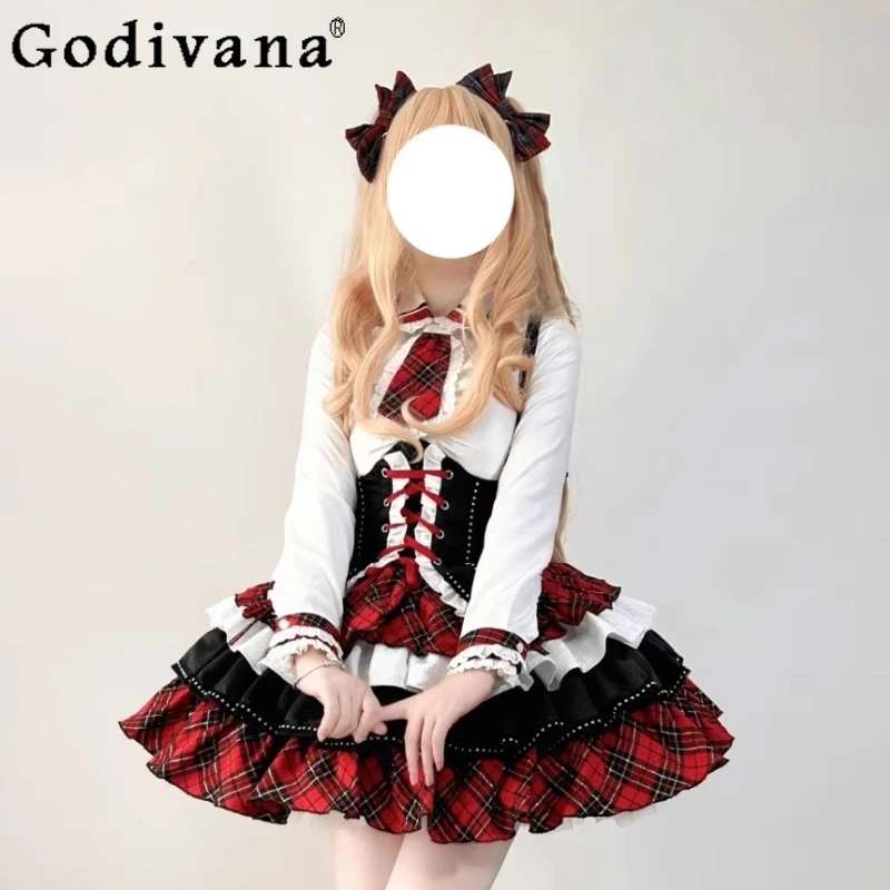 

Y2k Halloween Sweet Cool Black Red American Rock Girl Plaid Skirt Sets 2025 Summer New Lace-up Cummerbund White Versatile Shirt