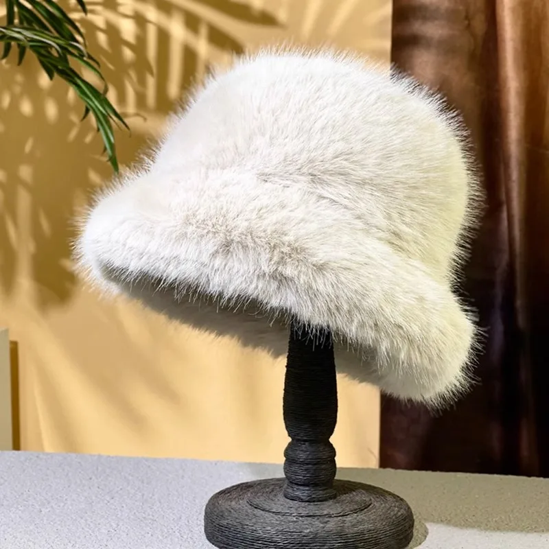 Winter Faux Fox fur bucket hat thickened plus size Bucket hat High quality warm female ear protection women hat