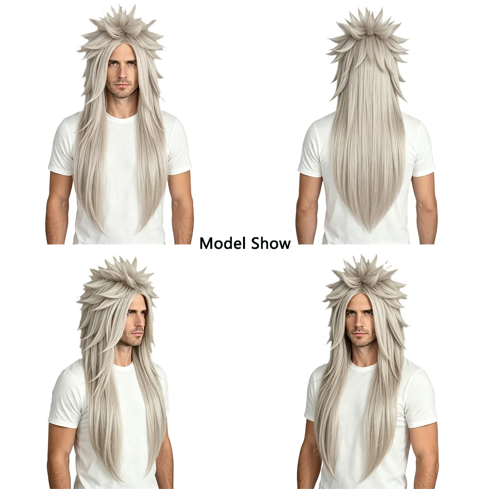 Light Ash Gray Spiky Long Straight Ponytail Cosplay Wig Unisex Heat Resistant Synthetic Anime Wig for Halloween Party Costume