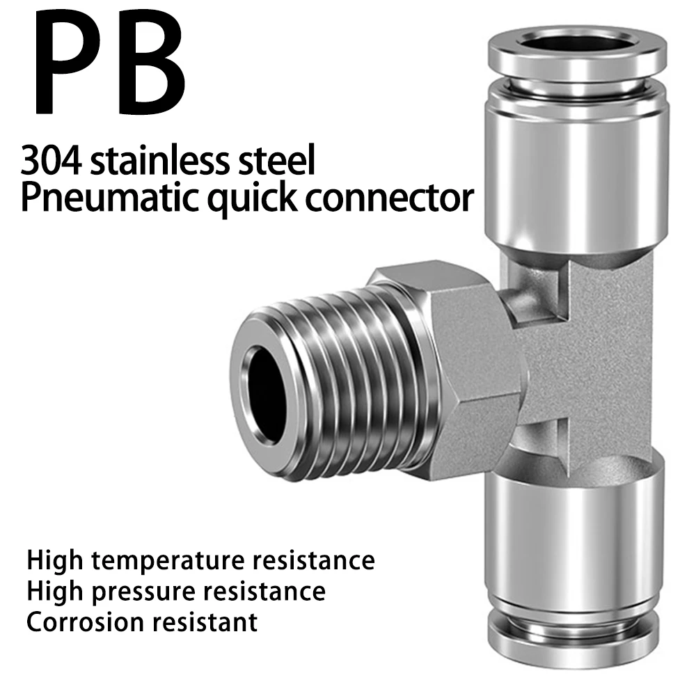 

PB 304 Stainless Steel Pneumatic Quick Connector Male Thread 1/8" 1/4" 3/8" 1/2" BSPT Hose 4 6 8 10 12mm Air Fitting Tee PB8-02