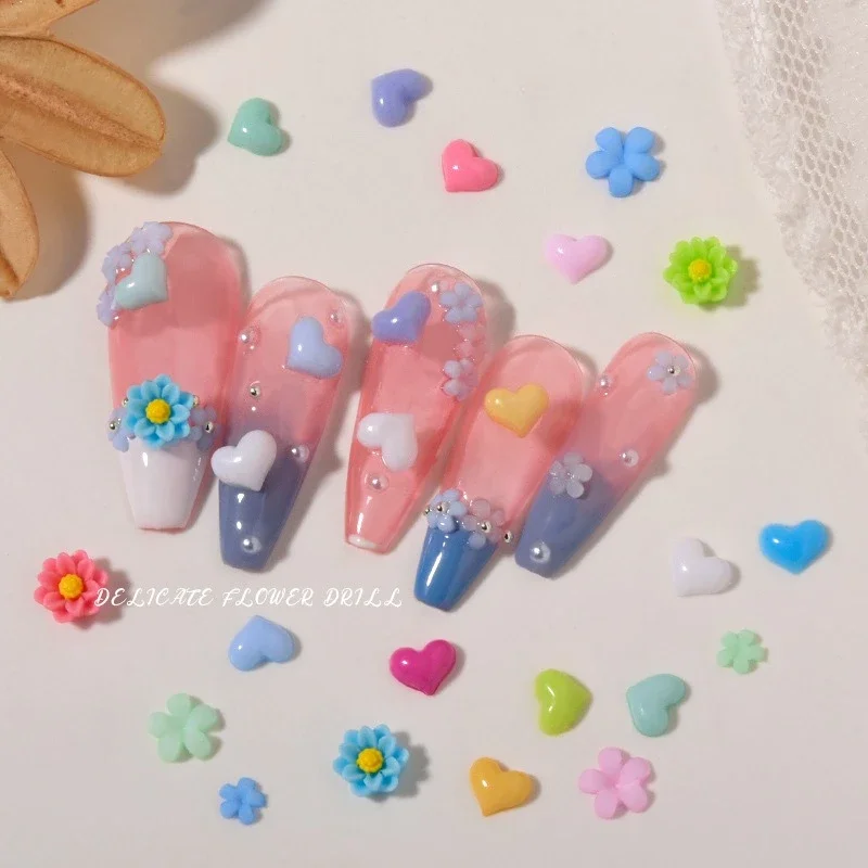 1set Mixed Nail Charms, Fresh Five-petal Flower Colorful Heart Rhinestones For Popular DIY Stylish Press On Nail Decor