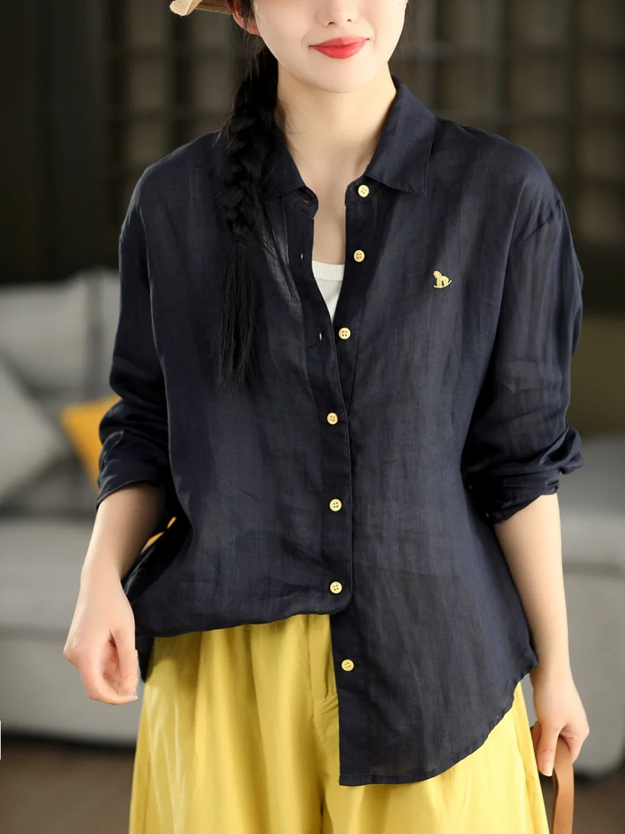 

Ретро-рубашка женская с длинным рукавом, ручная вышивка, 100% лен, на одной пуговице, повседневная, модная, дышащая, комфортная