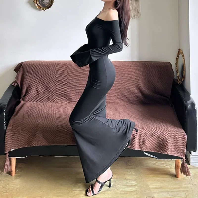 女性のためのエレガントなロングドレス,非対称,裸の肩,黒,スリム,結婚式,マキシ,ファッション,秋,2024