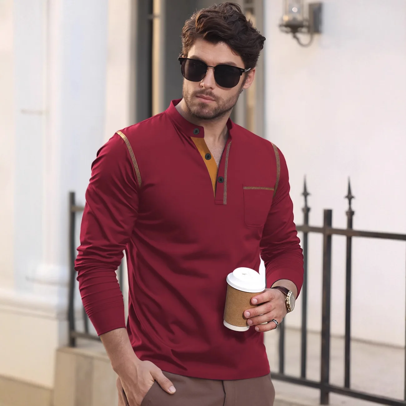 New New Men's Polo Shirt Lapel Collar Long-sleeved Color Matching Men's Clothing New Style T-shirt Men's
