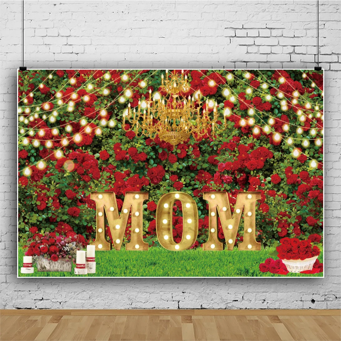 Red Rose ดอกไม้สีเขียวทุ่งหญ้าแม่วันเกิดการถ่ายภาพพื้นหลัง Happy Mother 'S Day ฉากหลังรูปภาพไวนิลโปสเตอร์ Photocall