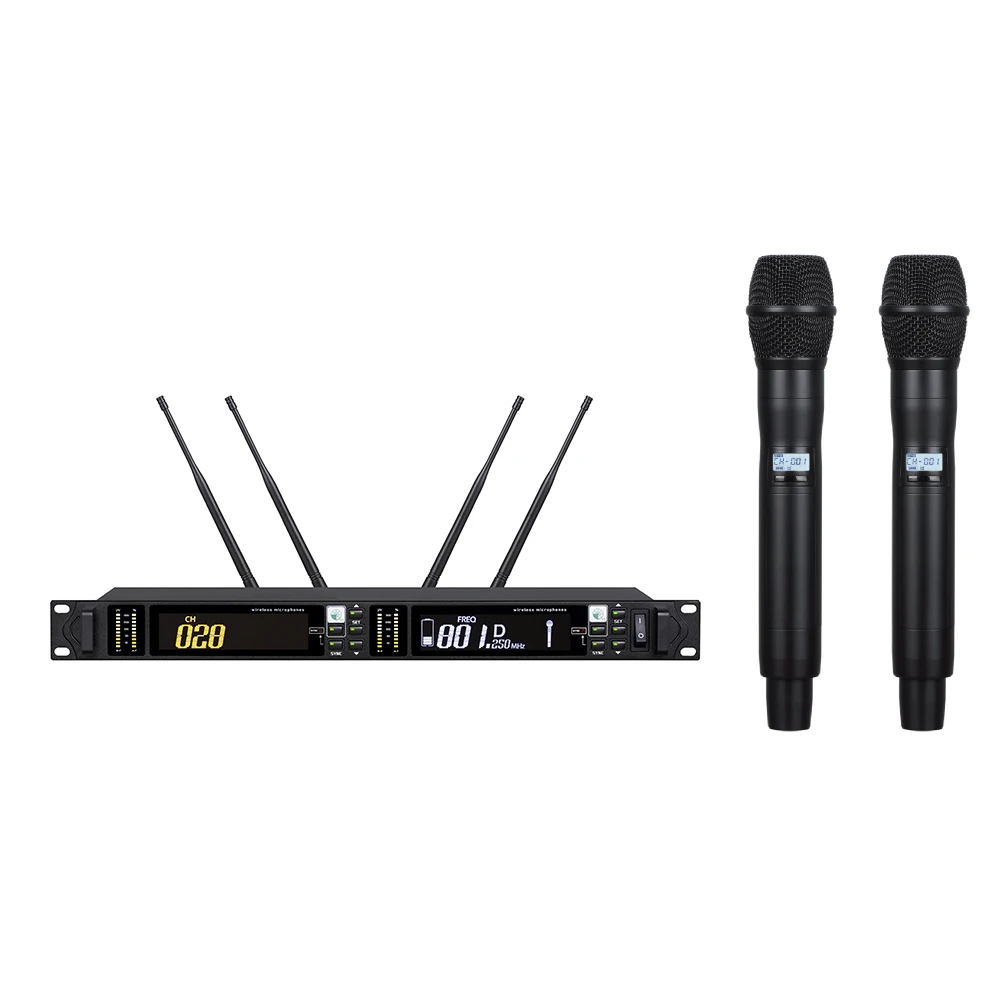 

Audio Microphone Hot Sale 2 Channels UHF Wireless Mic Handheld Microphone For Karaoke And Meeting