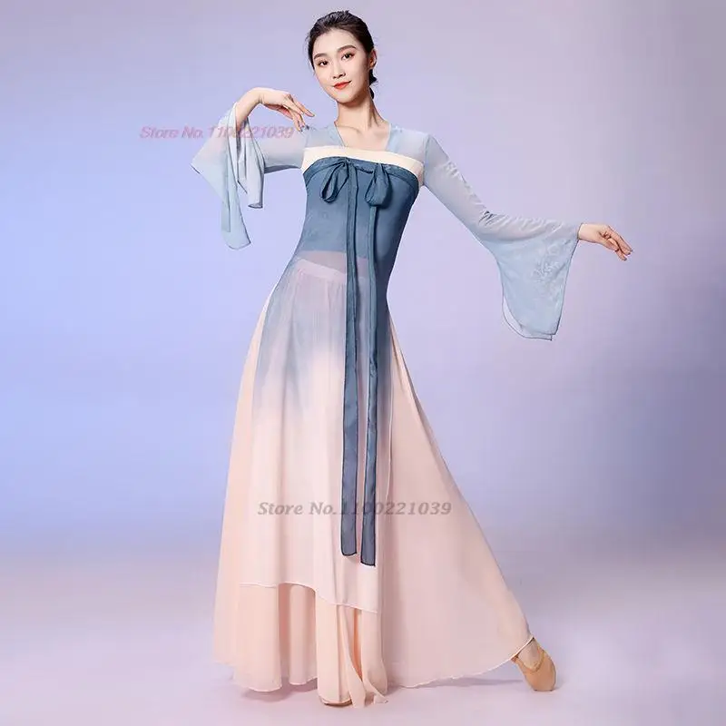 

2024 chinese vintage dress costume traditional original folk dance chiffon tops+skirt set chinese retro stage performance hanfu