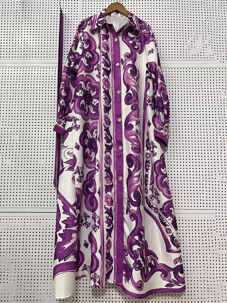 Designer style retro geometric positioning printed lace up waist dress fashionable loose plus size women's long shirt skirt
