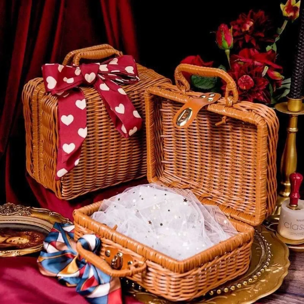 

Woven Rattan Style Handbag Storage Basket for Home Decor Gift Organization and Photo Prop Use Natural Fiber Look 124