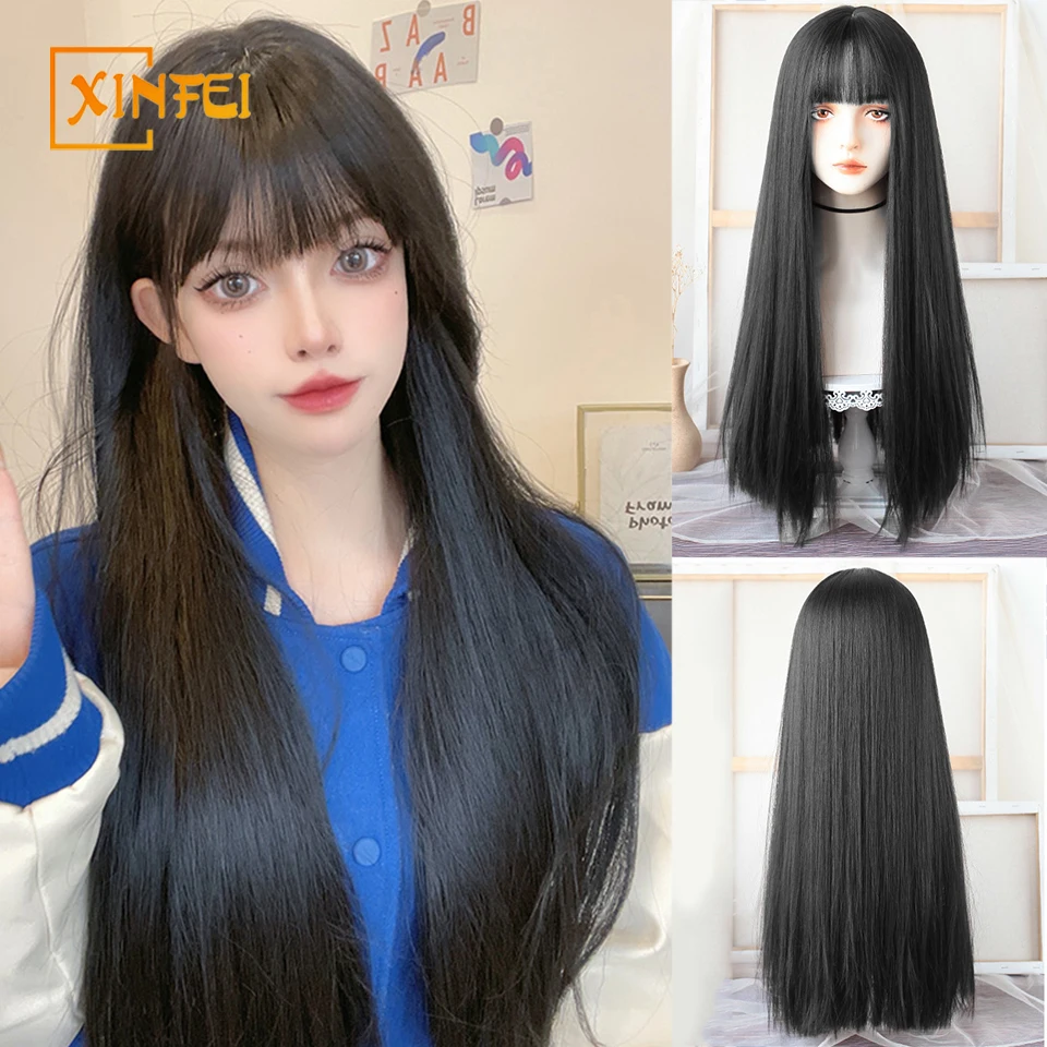 

XINFEI Long Silky Straight Synthetic Wigs with Bangs Black Cosplay Party Lolita Hair Wigs for Women Natural Heat Resistant Wig