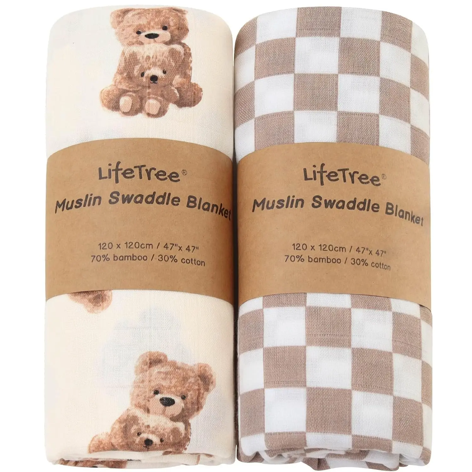 

Soft Bamboo Viscose & Cotton Swaddle Blanket, Large 47x47 Inches, Bear Checkered Pattern for Babies