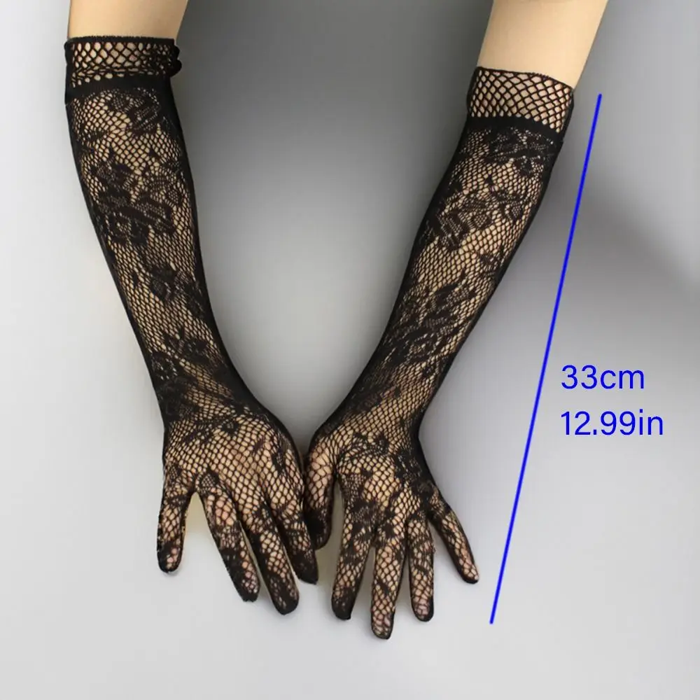 Guantes de encaje de rejilla con flores, protección solar, protector solar transparente, guantes largos, guantes de boda para novia, mitones finos de verano para fiesta