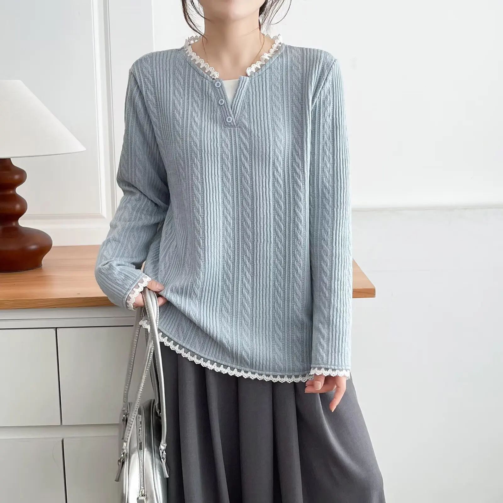 Модная женская футболка больших размеров с кружевным воротником, топы из двух предметов с длинными рукавами, осень 2025 г.