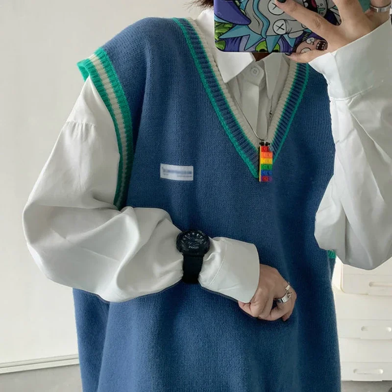 メンズVネックニットセーター,韓国風原宿ベスト,レジャー,パッチワーク,ラージサイズ,3xl
