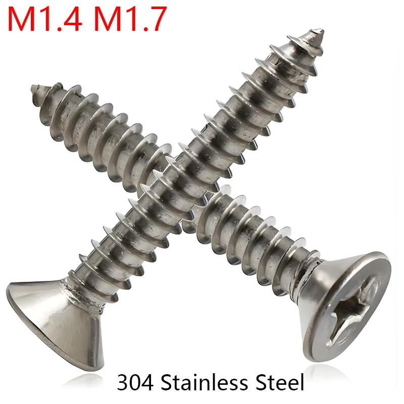 M1.4 M1.7 304 Stainless Steel Screws Flat Head Phillips Drive Screws Sheet Metal Self-Tapping Screws DIN 7982