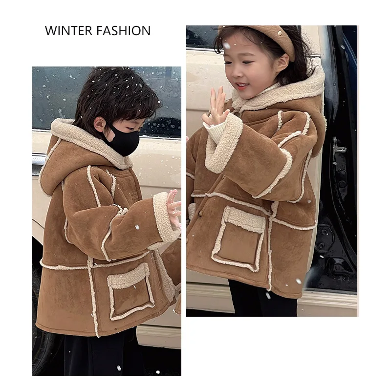 Children's fur one-piece coat, boys' lambskin motorcycle suit, suede fur coat, girls' double-sided winter clothing, Korean versi