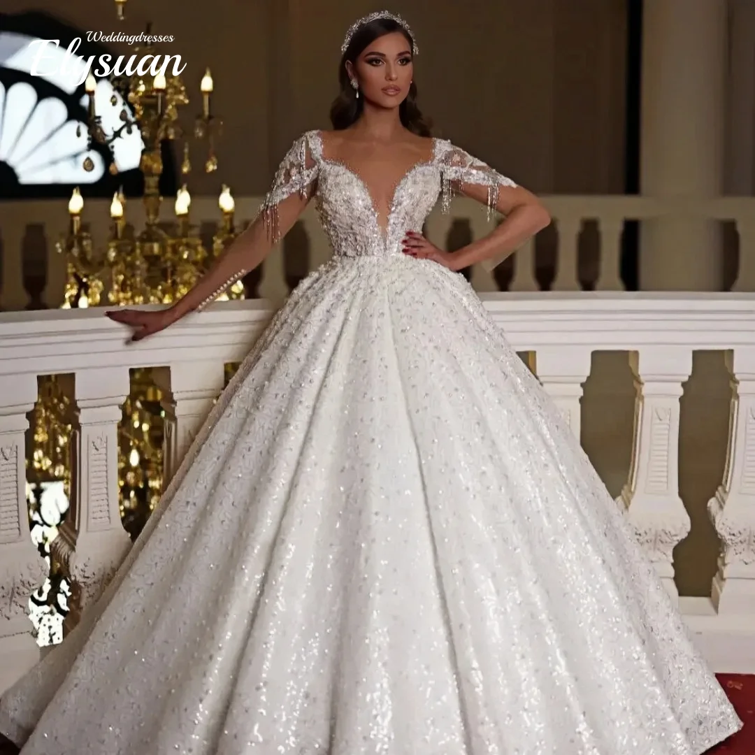 

Изысканные свадебные платья с длинными рукавами на заказ, роскошные свадебные платья с бисерной отделкой, вечерние платья с бисерной отделкой, свадебные платья (vestidos de novia)