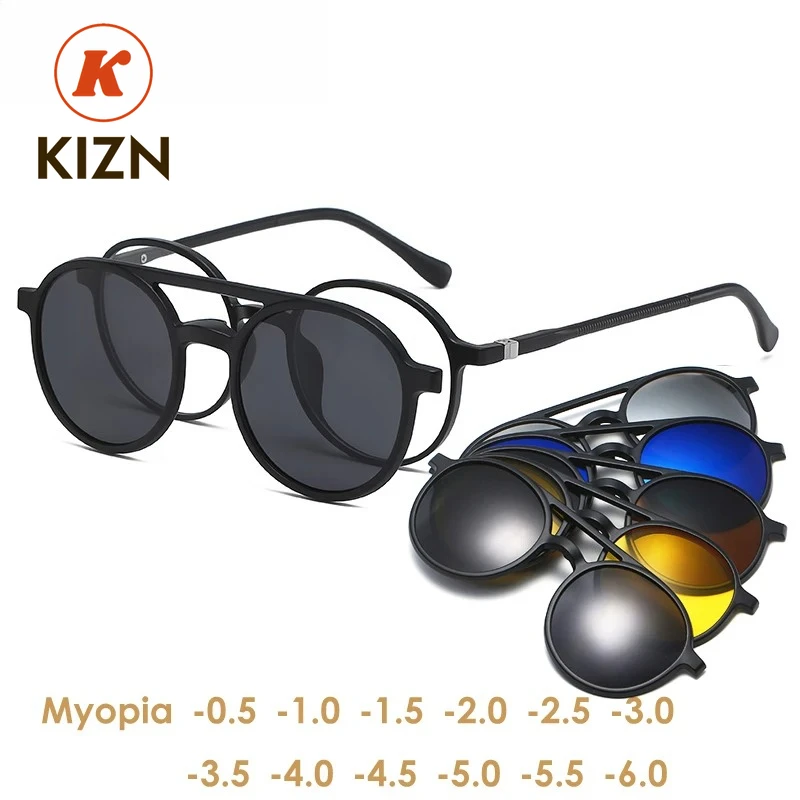 

KIZN Myopia Sunglasses Fashion Round Women Men Polarized Magnetic Clip Glasses 6 in 1 Mirror Set Prescription Eyewear -1.0~6.0
