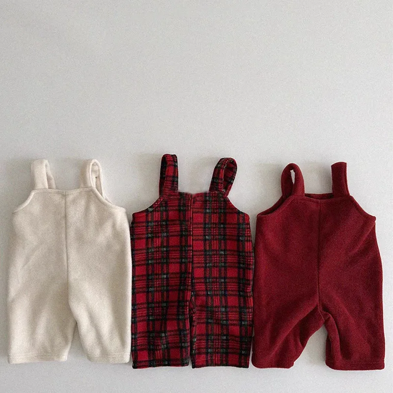 

2025 Winter New Children Fleece Overalls Solid Boys Casual Pants Baby Warm Strap Trousers Girls Warm Plaid Pants Kids Clothes