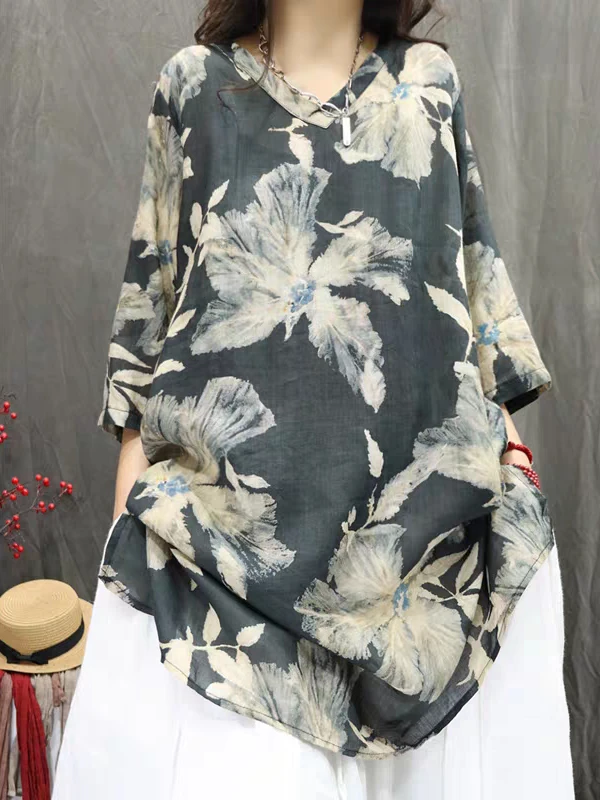 

Retro Artistic Linen Print Long Shirt Dress Casual Loose V-neck plus Size T-shirt Shirt Sun Protection Summer 2025
