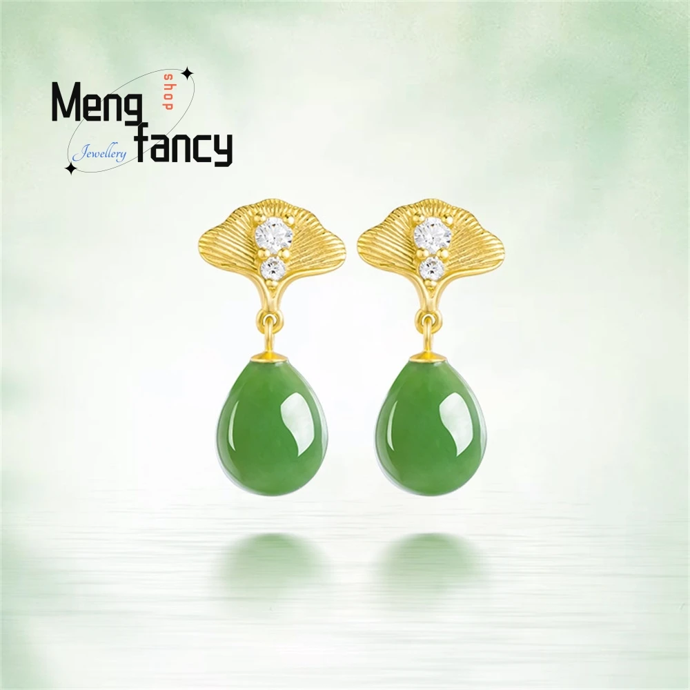 

Spinach Green Natural Old Material Hetian Jade Ginkgo Biloba Water Drop Earrings Women's S925 Silver Jade Temperament Earrings