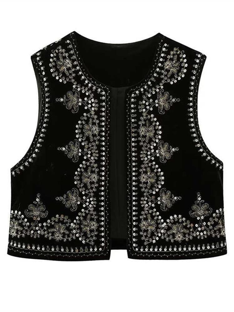 

Spring Autumn Ethnic Style Women's Sequined Short Velvet Vest Cardigan Top European American Travel Outfit Vest D68