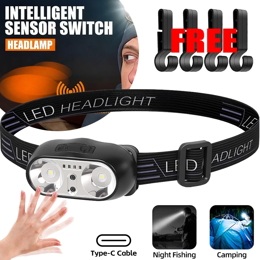

Перезаряжаемая фара с датчиком движения XPE + светодиодная налобная лампа, передний фонарь для наружного кемпинга, пешего туризма, аварийный фонарь