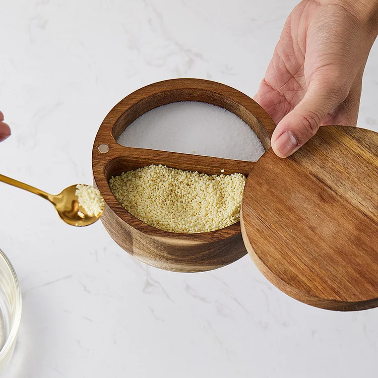 Kitchenware Acacia Wood Magnetic Two-Compartment Salt & Sugar Keeper Dustproof Eco-Friendly Minimalist Spice Jar