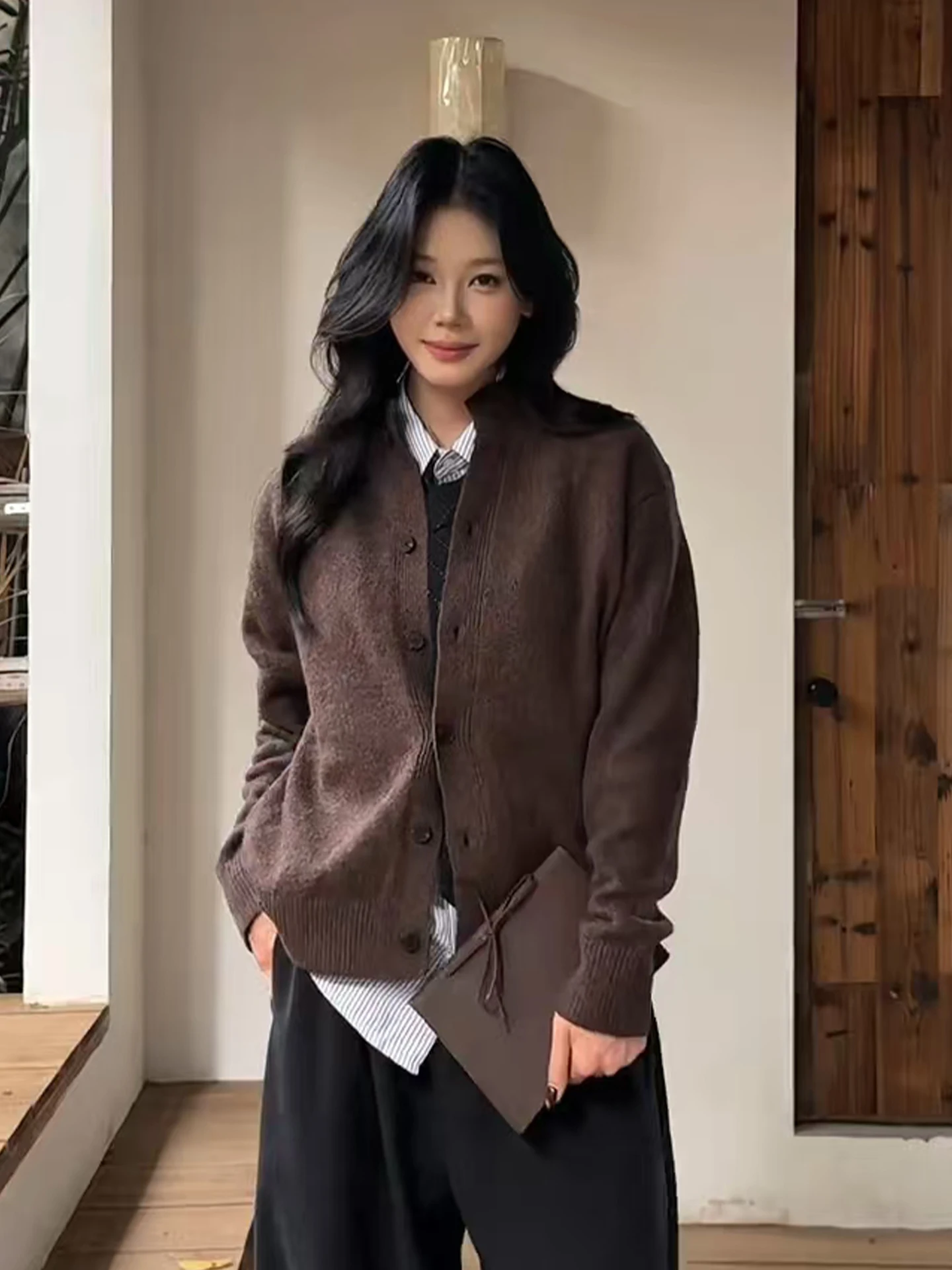 

American Retro Brown Open Cardigan Knitwear Men's f High Collar Loose Fit Casual Long Sve Autumn Outerwear Coat