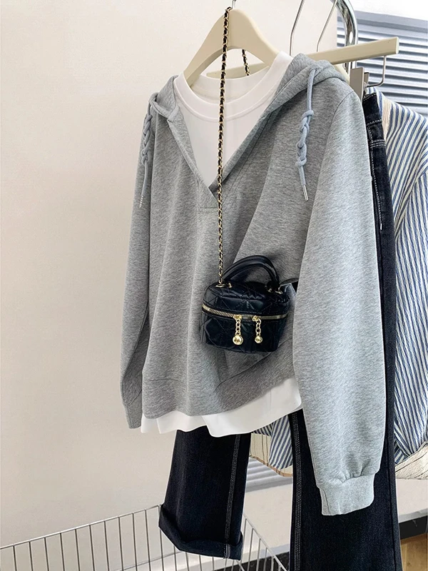 

plus Size 300 Pou Double Layer Cap Spring Autumn Thin Fake Two-Piece Hoodie Women Loose Casual Faion Top Breathable Long...