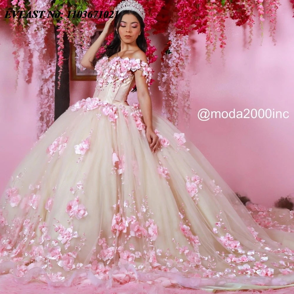 EVLAST Princess Pink Quinnceanera Dress Ball Gown 3D Floral Applique Beading Mexico Corset Sweet 16 Vestidos De 15 Anos SQ606