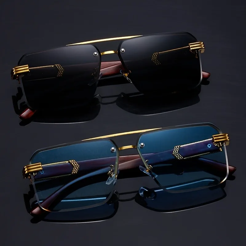 Women's Frameless Double Beam Fashion Sunglasses Golden Border Wood Grain Bracket for Male and Female Drivers Black Eyeglasses image 4