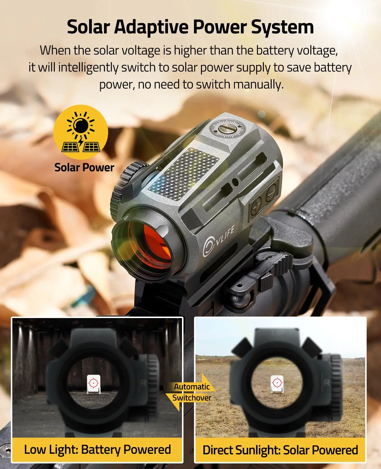 

Riflescope Solar Red Dot Sight Multi-Reticle Motion Awake Scope 25mm Large Lens 2 MOA Dot 70 MOA Circle Optics Picatinny