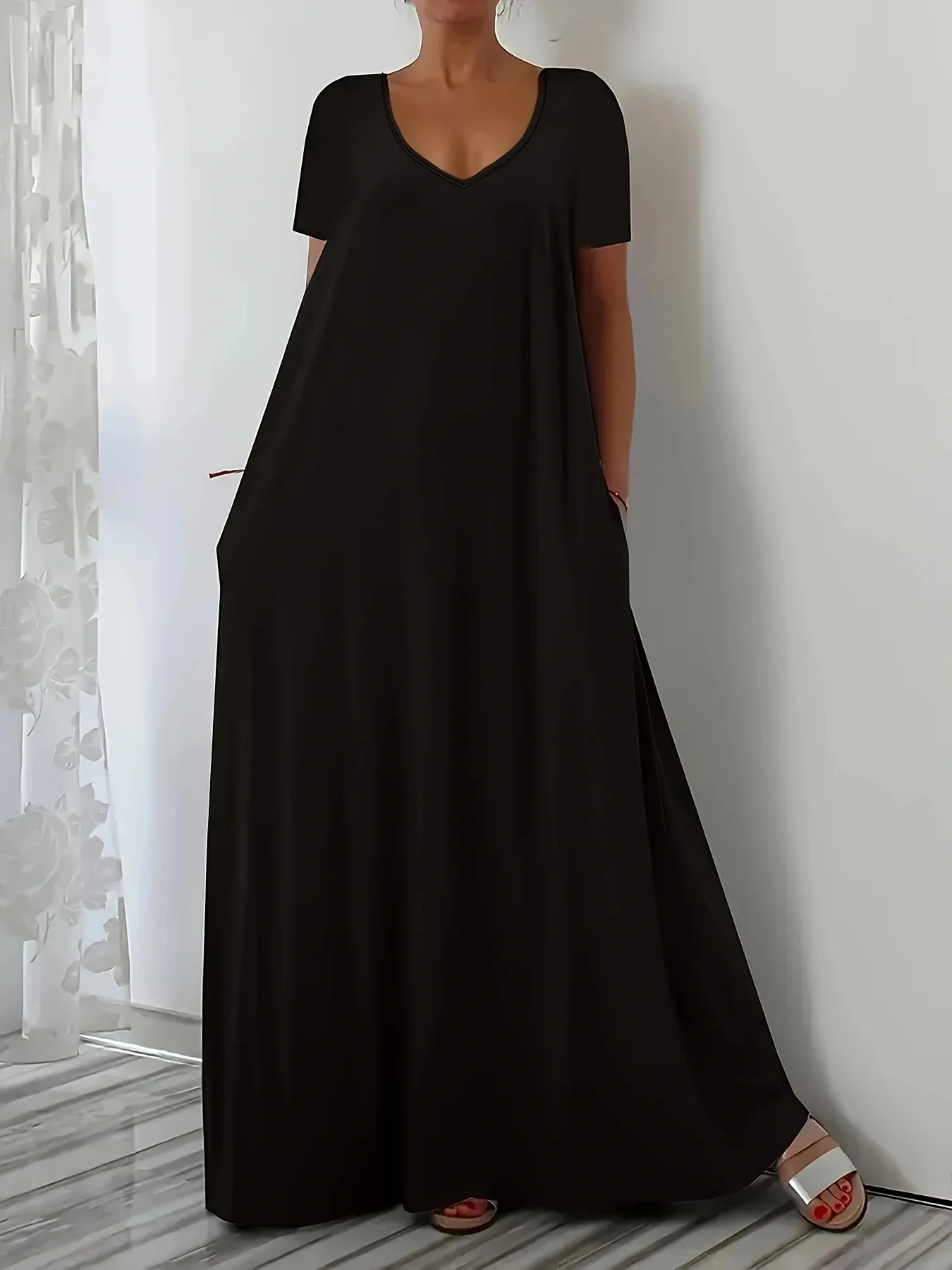Nuevo vestido holgado de verano con cuello en V, falda larga de manga corta, estilo informal y versátil