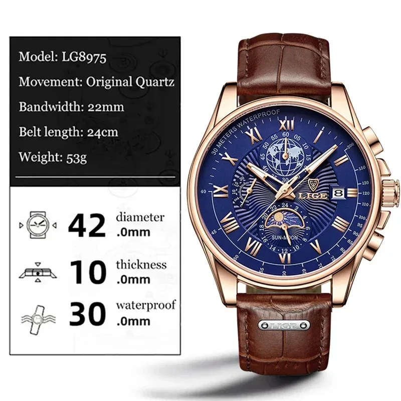 LIGE New Fashion Men\'s Watches Top Brand Luxury Original Waterproof Quartz Watch for Man 24 Hour Moon Phase Day Night Big Clocks