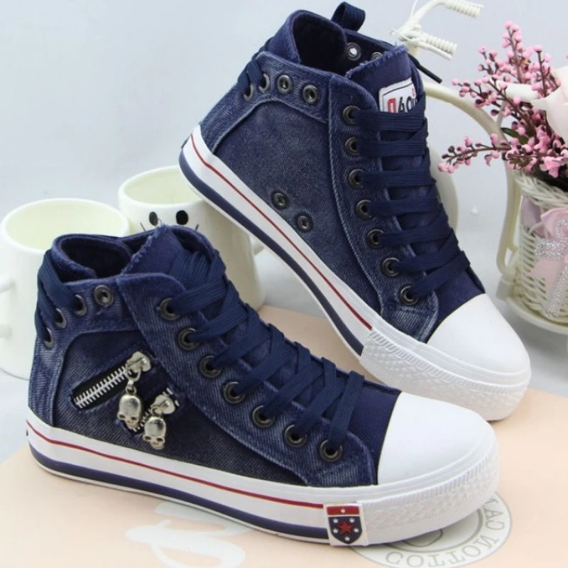 Spring and Autumn Fashion Sneakers Walking Skateboard Lace-Up Women's Retro Casual Daily Comfort Denim High Top Canvas Shoes