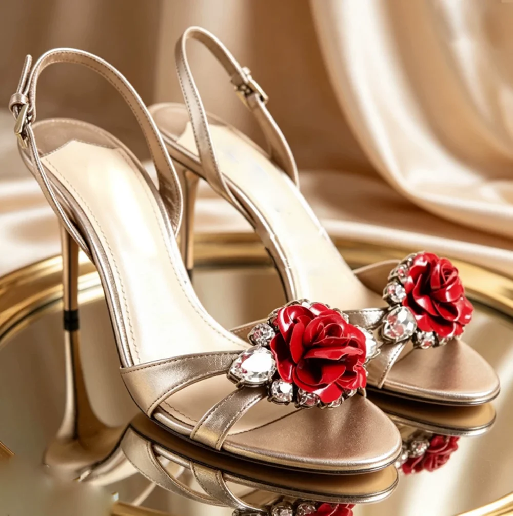 

Elegant Champagne/Black Leather Slingback Heeled Sandals Red Rose Crystal Embellishments Stiletto Heel Design Thin Ankle Straps