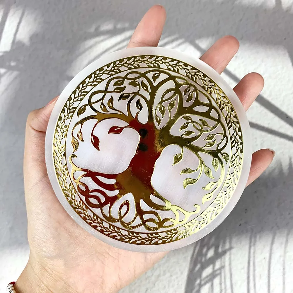 Natural Selenite Slice Slab Tree of LIfe Gold Pattern Healing Energy Charging Plate For Cleansing Fengshui Meditation 7 Chakra