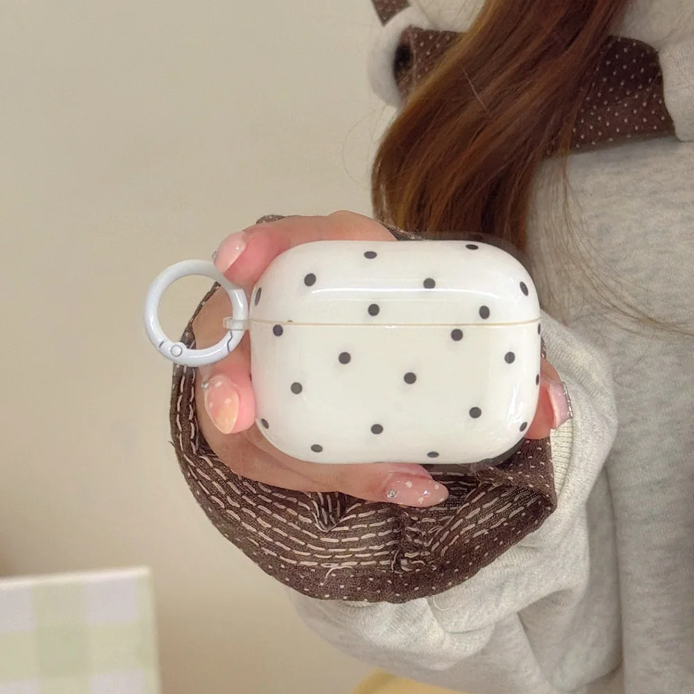 Cute Milky White Grey Wave Point Soft Headphone Cover With Keychain for AirPods 1 2 3 4 Pro 3 Pro2 Earphone Protection Case